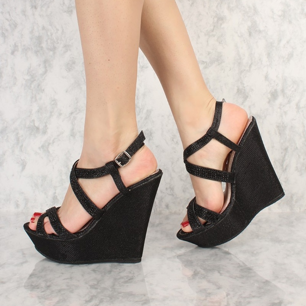 lack Shimmer Rhinestone Platform Wedge Heels - Picture 4 of 8